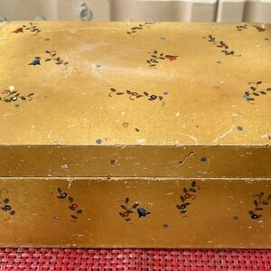 Vintage Wood and Lined Jewelry Box, Hand Painted Blue and Red Flowers